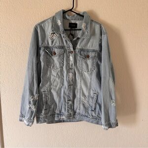 RISEN Trendy Distressed Unisex Light Blue Denim Jacket 90’s style oversized